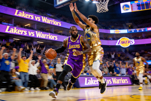 NBA湖人队对阵勇士队的激烈对抗画面